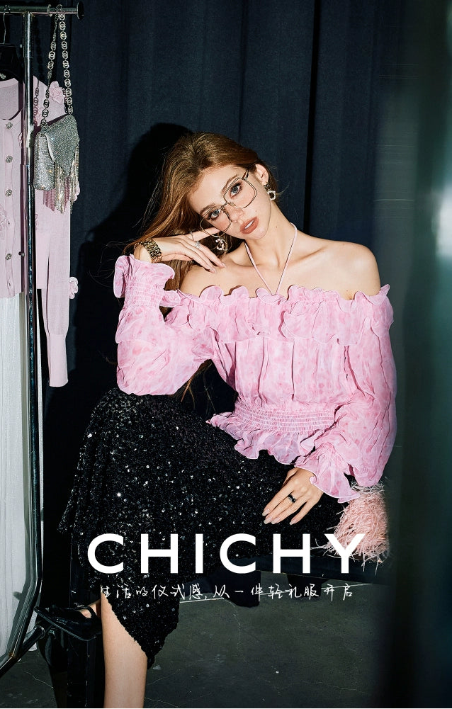 CHICHY French beautiful one-line collar long sleeve super fairy floral shirt-KIM
