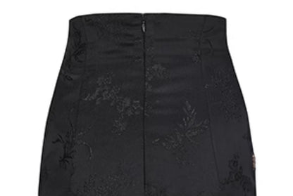 Le Palais Vintage Luxury Black Deep V-Neck Mesh Long Sleeve Top + Long Skirt-LING.