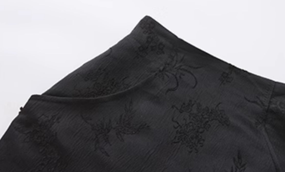 Le Palais Vintage Luxury Black Deep V-Neck Mesh Long Sleeve Top + Long Skirt-LING.