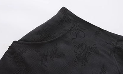 Le Palais Vintage Luxury Black Deep V-Neck Mesh Long Sleeve Top + Long Skirt-LING.