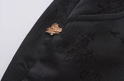 Le Palais Vintage Luxury Black Deep V-Neck Mesh Long Sleeve Top + Long Skirt-LING.