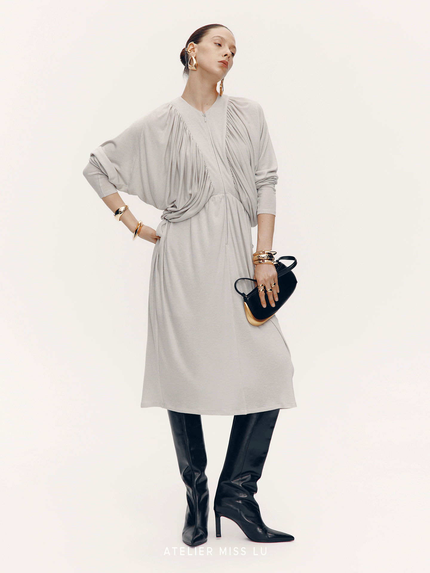 ATELIER MISS LU New Vertical Draped Design Long Sleeve Dress - DERM.