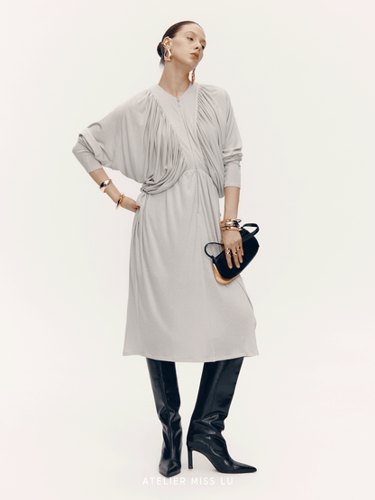 ATELIER MISS LU New Vertical Draped Design Long Sleeve Dress - DERM.