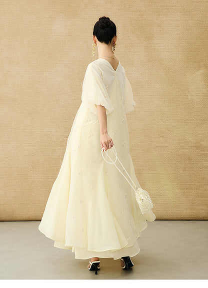 HECO  New Chinese Embroidered V-Neck Puff Sleeve Dress - CORAINE.