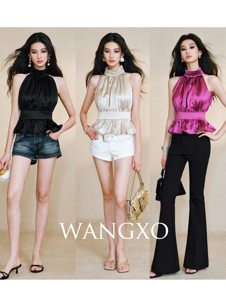 WANGXO Acetate Satin Silky Smooth Collar Cut-Out Aesthetics Shirred Waist Umbrella Top - VIOLA