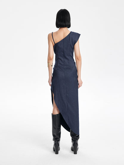 TINY IN irregular slanted shoulder slip slit long dress-GANS