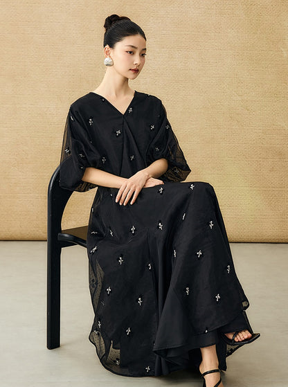 HECO  New Chinese Embroidered V-Neck Puff Sleeve Dress - CORAINE.