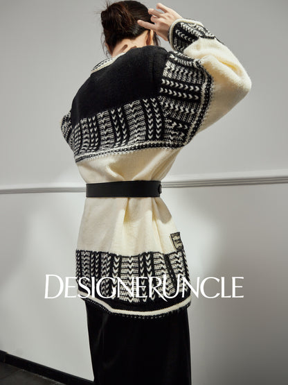 DGU "Ink Domain" black knitted sweater loose slimming retro versatile jacket - Jessie.