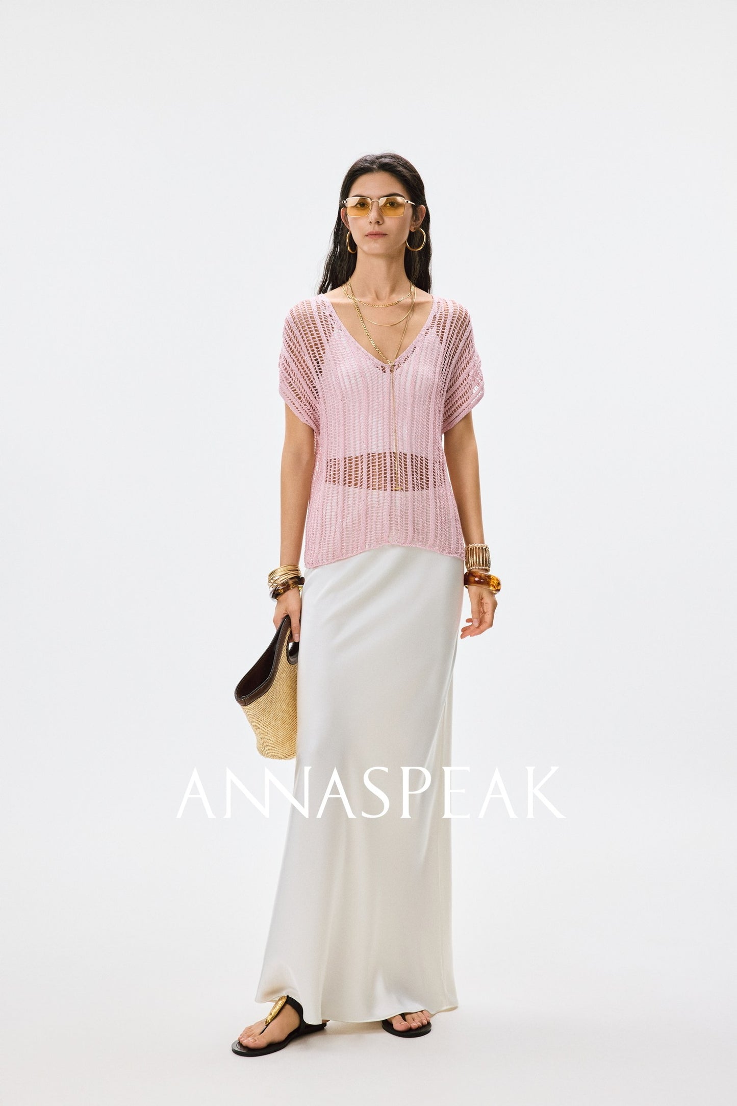 ANNASPEAK Lightweight and breathable cut-out fine glitter top skirt set summer-TOSE.