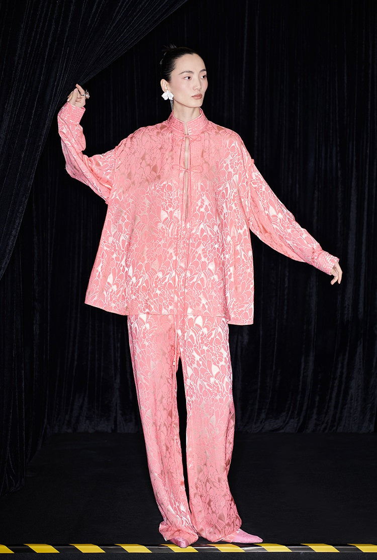 M essential Mackay designer lime jacquard stand-up collar loose top - JAMES.