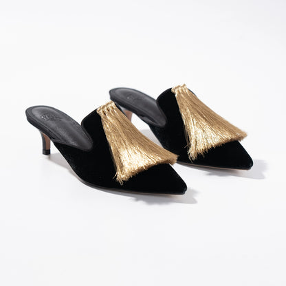 B-FEI Chinese black and gold kitten heels women's mules-TIKAI.
