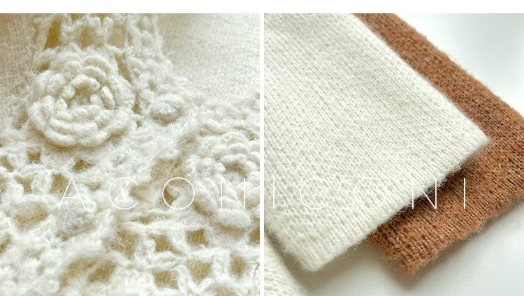 Aconiconi Luxury Loose V-Neck Long Sleeve Crochet Sweater - Camellia in the Fields