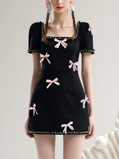 CHECOCRE New Pink Bow Heavy Industry Square Neck Little Black Dress - BONES