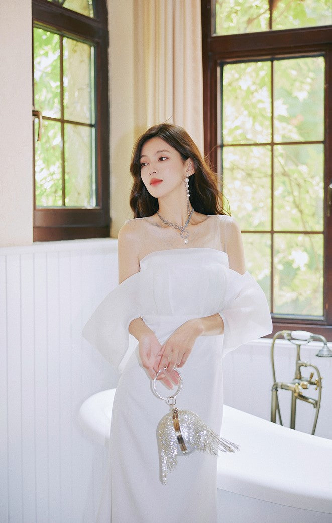 DOLLY Elegant Ruffled Off Shoulder Chest Wrap Long Fish Tail Banquet Dress-KALYA