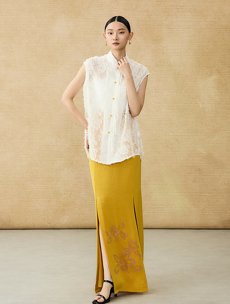 HECO Chinese Style Stand-up Collar Cut Flower Sleeveless Shirt - HELD .