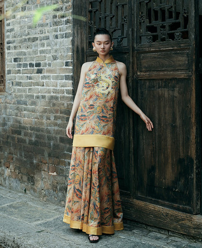 HECO Chinese Stand Collar Color-Blocked Golden Dragon Embroidery Dress - ZIPH