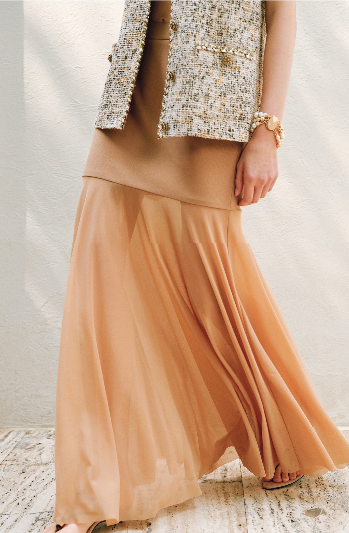 WANGXO | Twill Roman Knit with Lightweight Sheer Paneling  A-Line Hem Flowing Skirt  -RAYA