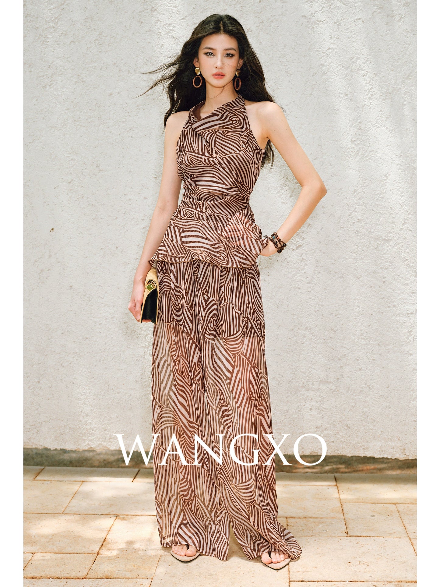 WANGXO Shaved Shoulders Waisted Top & Flowing Wide-Leg Pants -MIRA