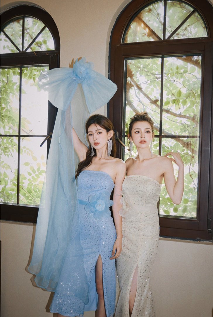 DOLLY Elegant Blue Flower Ribbon Tube Sequin Fish Tail Dinner Dress-LONE