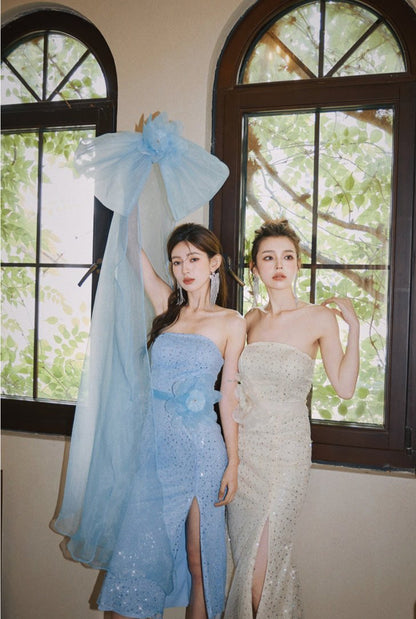 DOLLY Elegant Blue Flower Ribbon Tube Sequin Fish Tail Dinner Dress-LONE