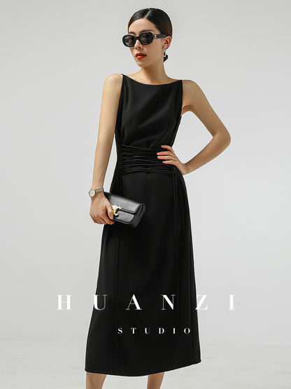 Huanzi French shoulders cinched waist women's summer Midi dress - Kendou