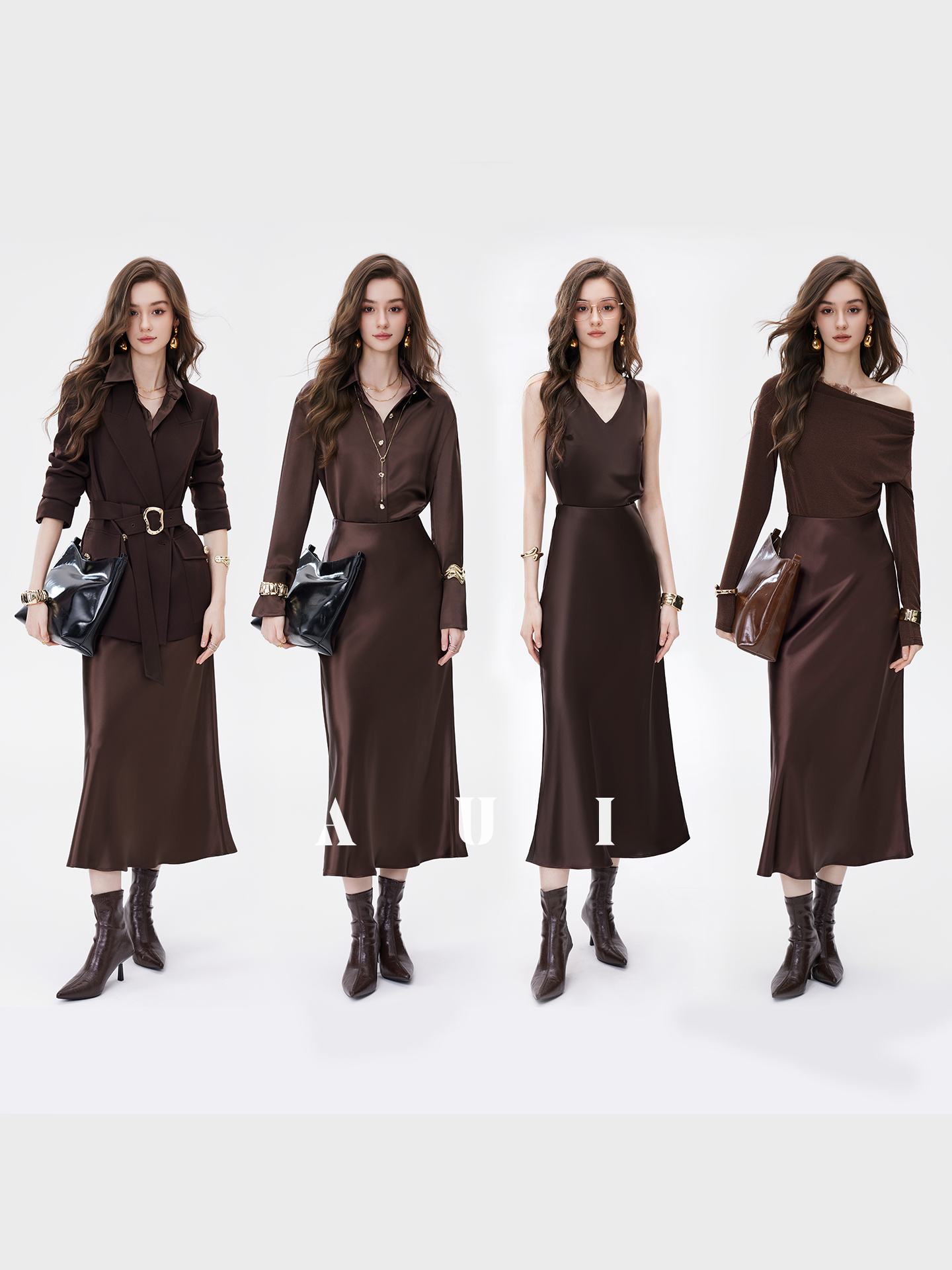 AUI Maillard coffee color high-end satin temperament high-waisted hip skirt - Gyeong.