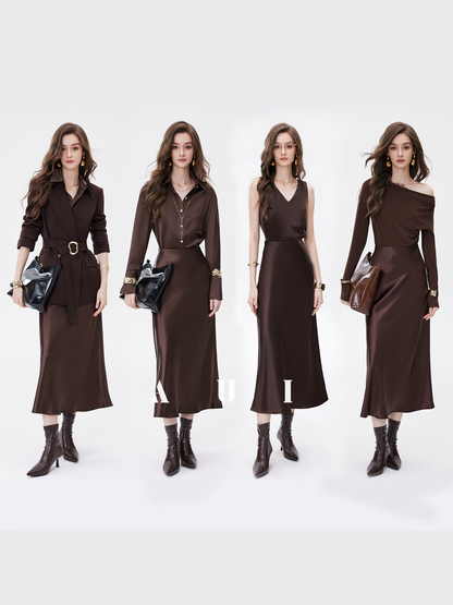 AUI Maillard coffee color high-end satin temperament high-waisted hip skirt - Gyeong.