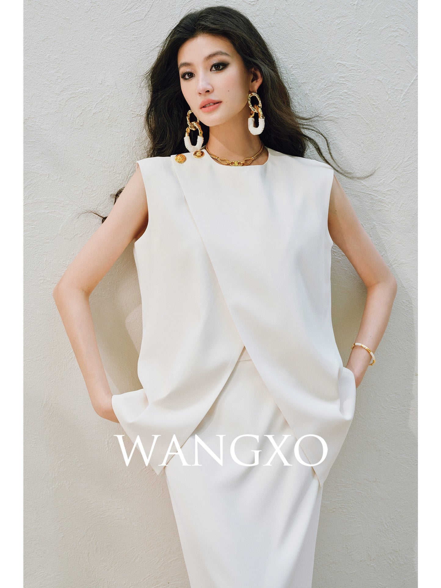 WANGXO Elegant Commuter-Style Diagonal Placket with Loose Pleated Slit Vest & Skirt Suit Set -NALA