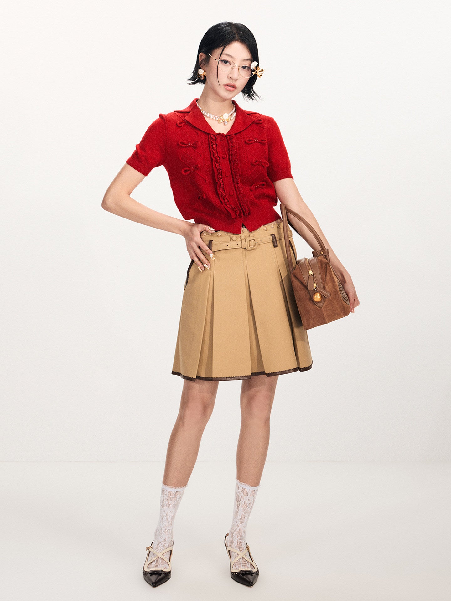 FAME Bow Beaded Knitted Short Sleeve Cardigan Top - AVA.