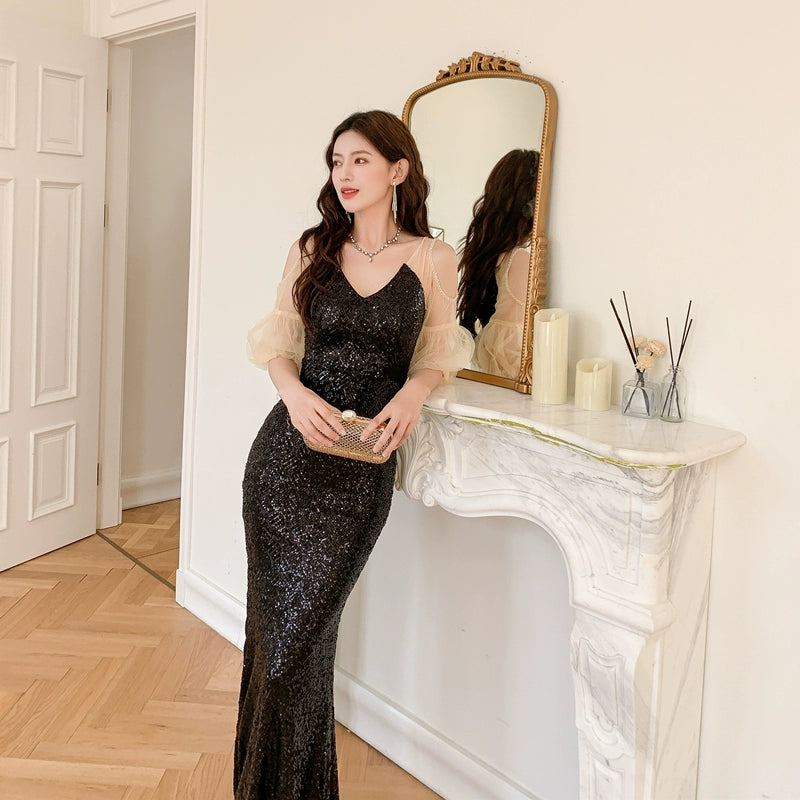 DOLLY Elegant Black Glitter Mesh Long Puff Sleeve Sequin Evening Dress-NUNU