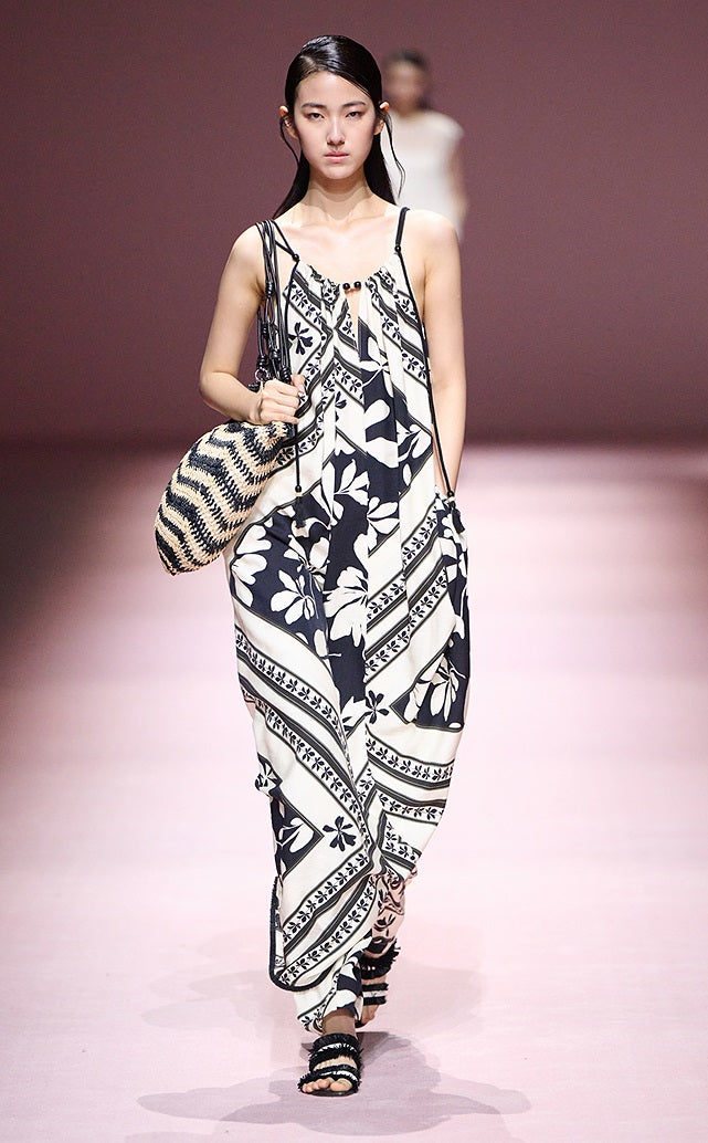 COMME MOI Lu Yan designer's black and white printed shirred dress - OAKLEY.