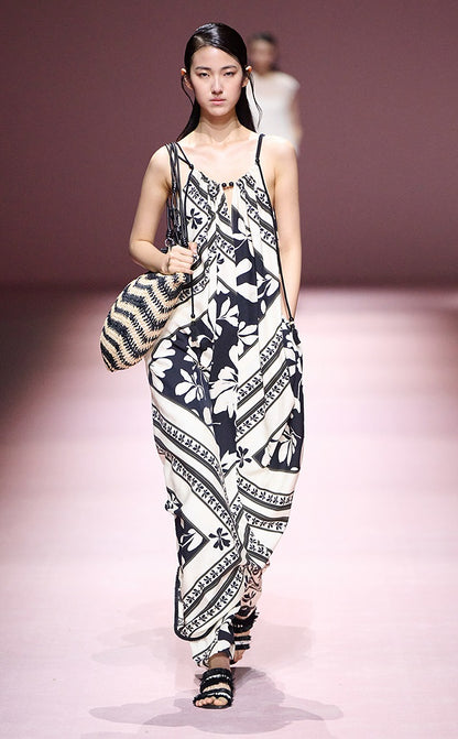 COMME MOI Lu Yan designer's black and white printed shirred dress - OAKLEY.