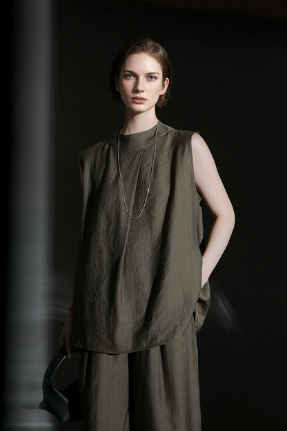 PIAOIN texture linen silk stand up collar sleeveless t-shirt women's straight pants - ARIA