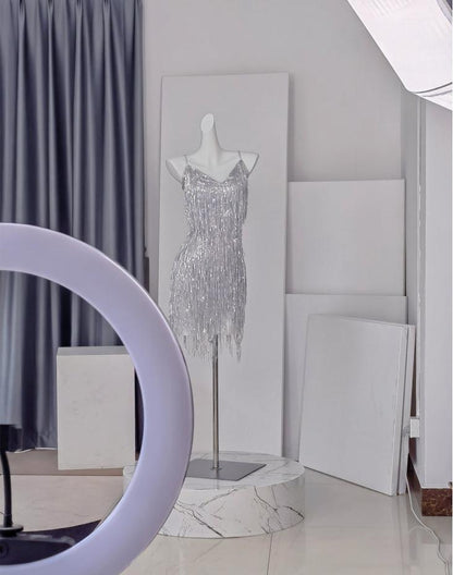 DOLLY Elegant Turquoise Green Sleeveless V-neck Tassel Glitter Cocktail Dress-ALEXA