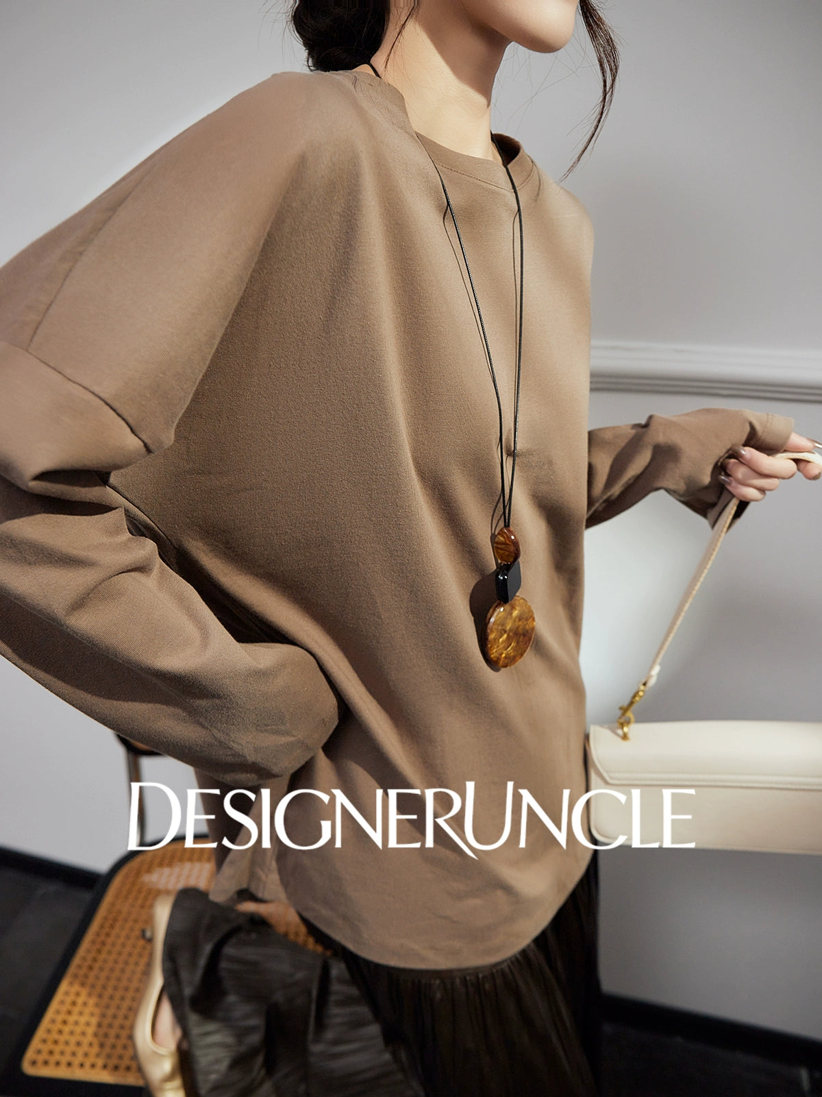 DGU |Hazelnut New Loose Crew Neck Niche Design Basic Versatile Simple Top - GREAT.