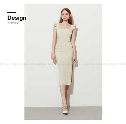 Elegant Pinch Pleated Side Slit Slim Stretch Fly Sleeve Dress - Minie