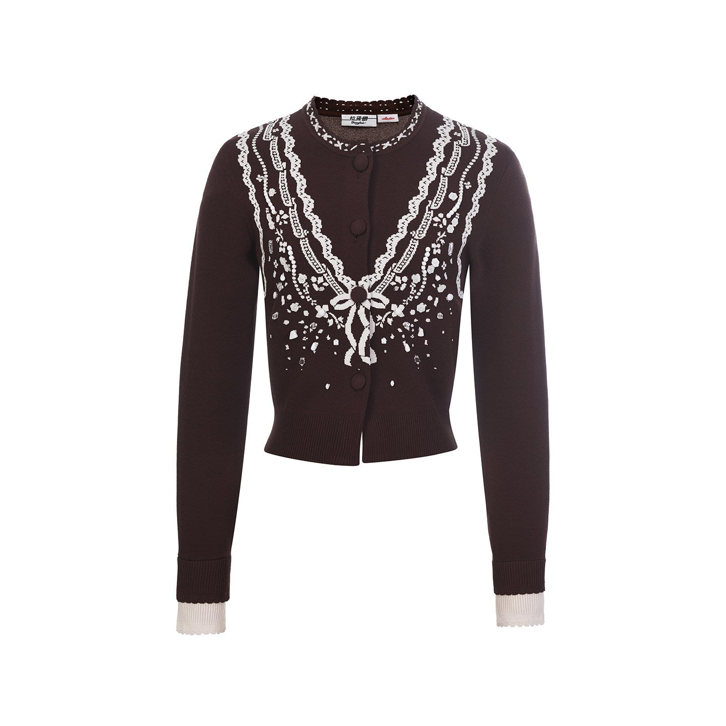 FAME  Nail Bead White Three-Dimensional Jacquard Knitted Brown Cardigan - BETTY.