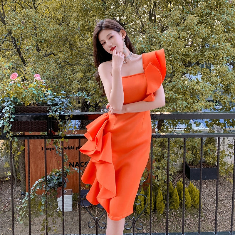 DOLLY Elegant Off Shoulder Ruffle Slim Fit Midi Wedding Guest Dress-JADE