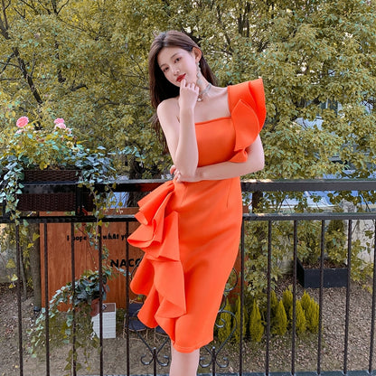 DOLLY Elegant Off Shoulder Ruffle Slim Fit Midi Wedding Guest Dress-JADE