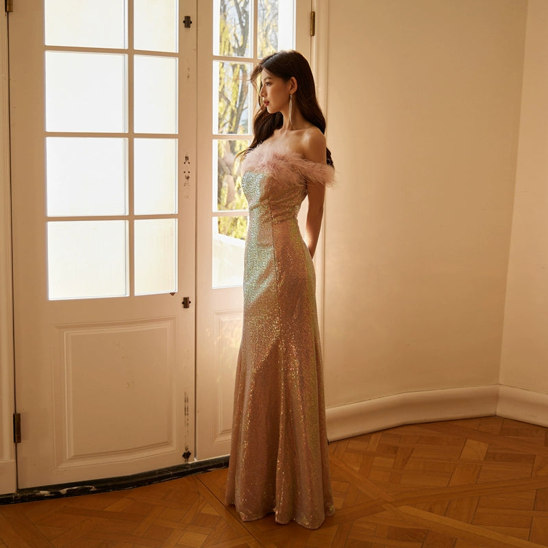 DOLLY Elegant Chest Wrap Feather Off Shoulder Long Sequin Mermaid Dress-TURA
