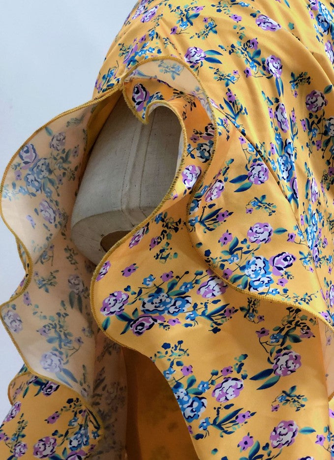 DOLLY Elegant Slant Collar Long Puff Sleeve Hollow Irregular Ruffled Hem Dress-KIERA