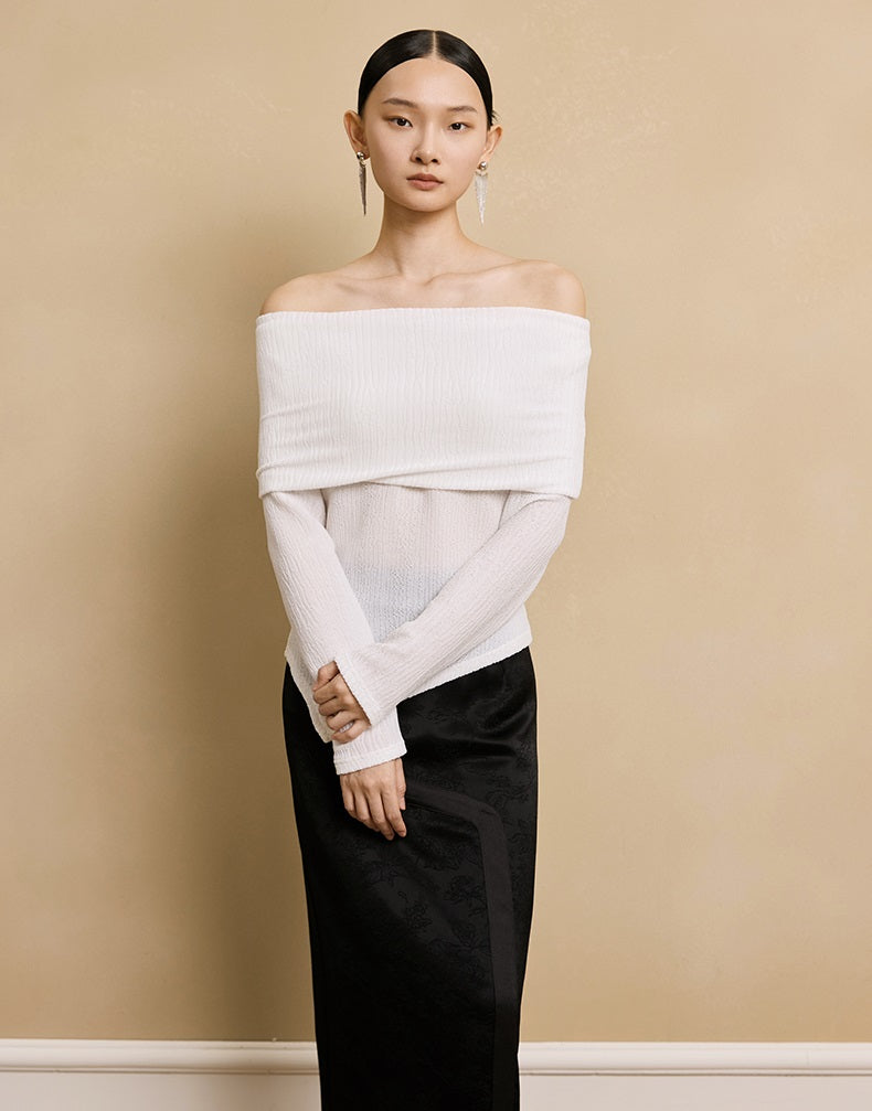 HECO stretch pleated off-the-shoulder long sleeve T-shirt - GRAD.