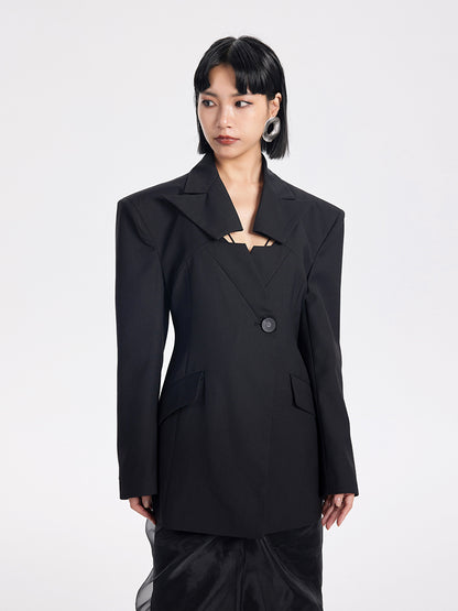 TINY IN casual black cut-out collar waist coat-SYAD
