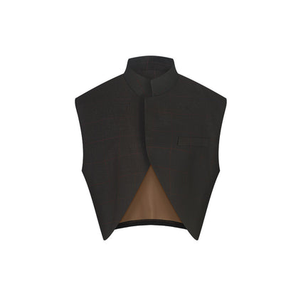 TUYUE wool coffee color dark check short vest - CHRISTINA.