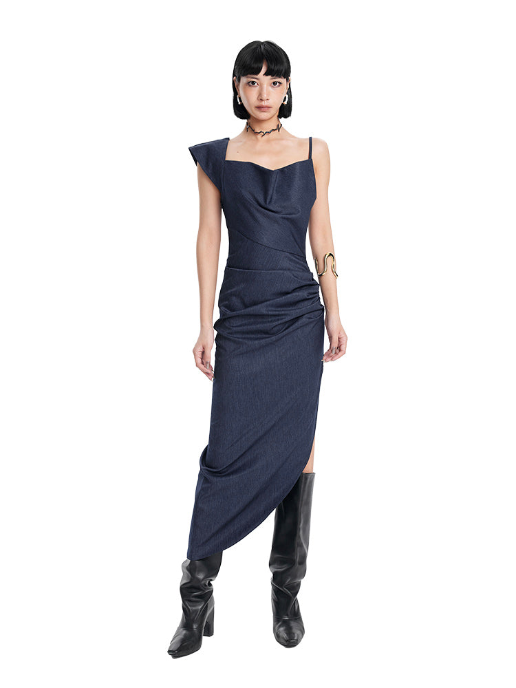 TINY IN irregular slanted shoulder slip slit long dress-GANS