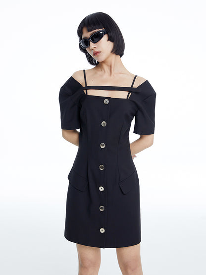 TINY IN dropped shoulders short sleeve square neck little black dress -JAJA