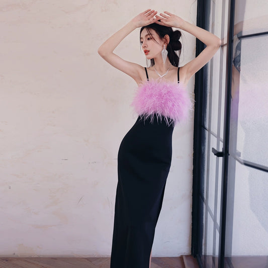 DOLLY Elegant Black Fluffy Feather Slim Fit Backless Long Date Dress-JAS (V)