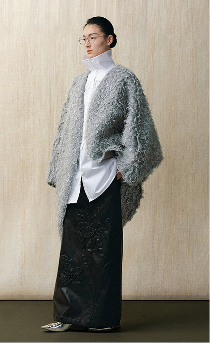 ZHUCHONGYUN curly textured wool loose midi curved cardigan jacket--MOJO.