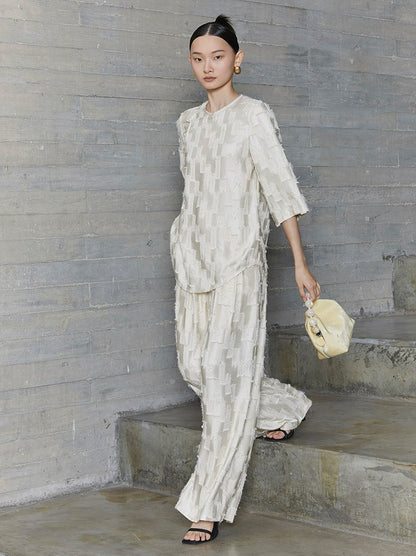 HECO jacquard loose thin wide-leg high waisted black pink apricot PANTS women - PURPOSE.