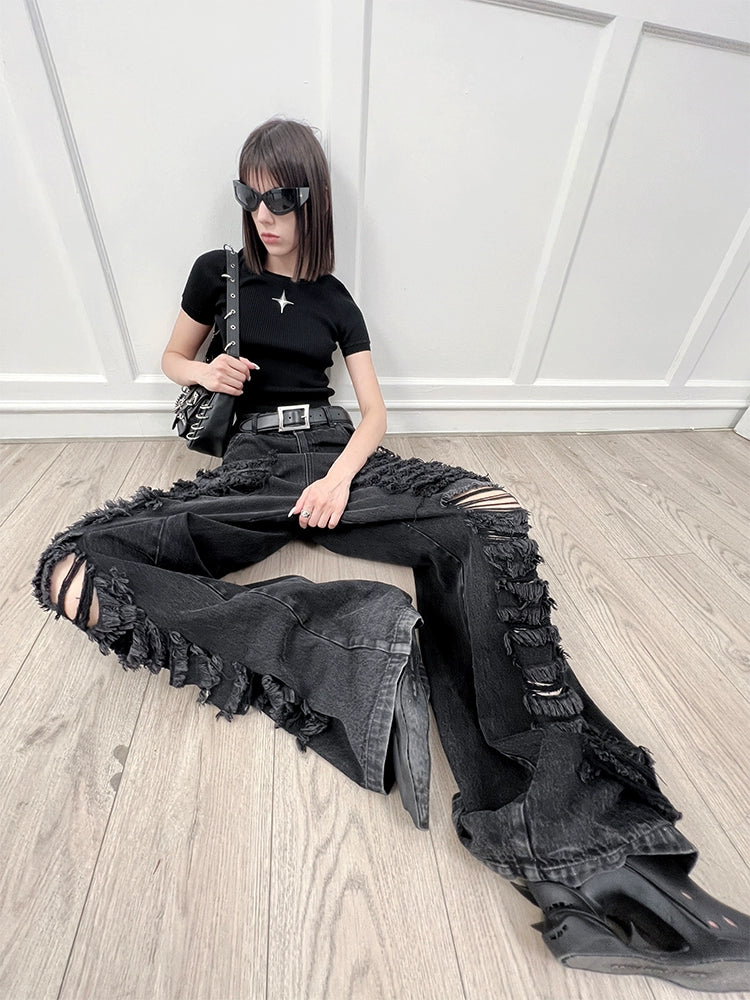 ANNAKIKI  Designer Women's Niche Black Ripped Distressed Jeans Wide-leg Pants-SPIKE